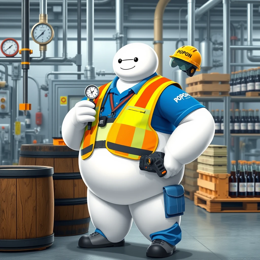 Baymax is measuring bottles with a gauge in the quality control and inspection area of a beer bottling plant, surrounded by machinery, a barrel, gauges, measuring instruments, pallets, beer bottles, wearing a blue polo shirt that covers his entire torso, safety elements, a reflective vest, safety shoes, a walkie-talkie, industrial safety goggles, blue cargo pants, and a yellow helmet with the word POPON written on it. The polo shirt has the word POPON printed on it. - Image