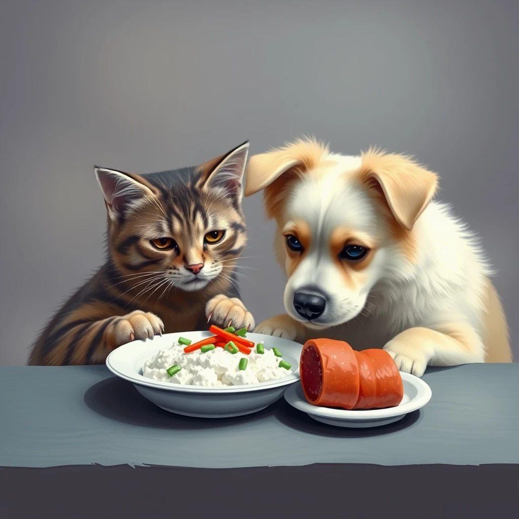 tabble，small，cat and dog，eatting dinner - Image