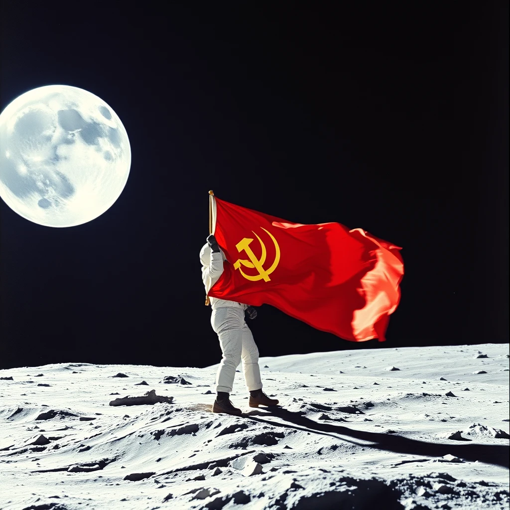 Cosmonaut putting the flag of the Soviet Union on the Moon