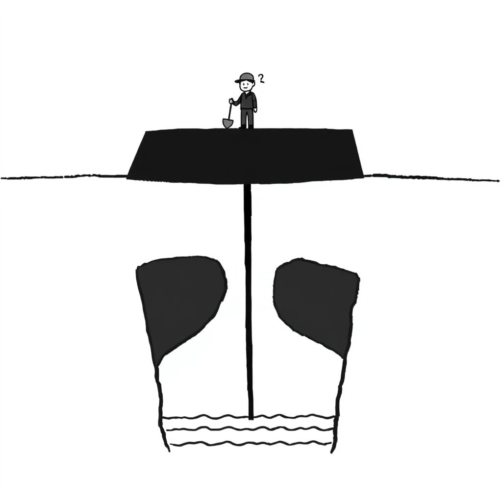 This image is a simple black and white cartoon illustration that conveys a powerful message about persistence and missed opportunities.

The illustration shows a figure, drawn in a simple line style, standing on top of a tall, flat black shape that resembles a plateau or cliff. The figure is holding a shovel and appears to be a worker or miner, suggested by the hat and the tool. There's a small wisp coming from the figure's mouth, possibly indicating exhaled breath or perhaps frustration.

Below the surface where the figure stands, we see a cross-section view of the underground. There are two large black shapes with uneven edges, resembling rock formations or soil layers. Between these two shapes is a narrow gap that extends downward.

At the very bottom of the image, there are wavy lines indicating water. This water level is just below where the gap between the black shapes ends.

The profound irony of the image lies in the fact that the figure, who seems to have been digging (given the shovel), has stopped just short of reaching the water. Had they continued digging just a little further, they would have struck water.

This illustration serves as a metaphor for giving up too soon or failing to persist when success might be just around the corner. It encourages viewers to consider the value of perseverance and the potential consequences of abandoning efforts prematurely.