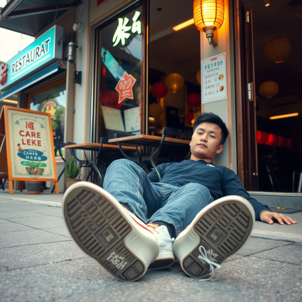 A young man is outside a restaurant, lying on the ground, and you can see his shoes, which have Chinese characters.