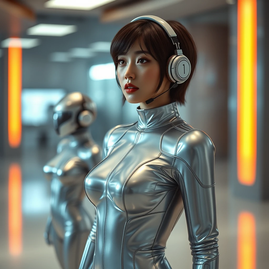 Korean woman. Sexy. Brainwashed. Standing at attention. Silver latex skin-tight full-body jumpsuit with a number on it. Short hair. Headset. Awaiting orders. Thinks she is a robot. Sci-fi futuristic.