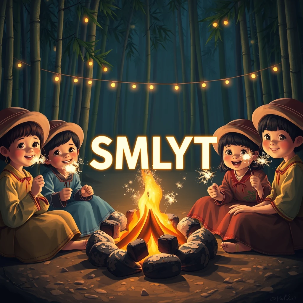 A digital painting of a group of Vietnamese children in traditional clothing sitting around a campfire at night. The children are holding sparklers and smiling. The background is a bamboo forest with lights hanging from the trees. The letters "SMLYT" are prominently displayed and illuminated in the center, like a movie screen.