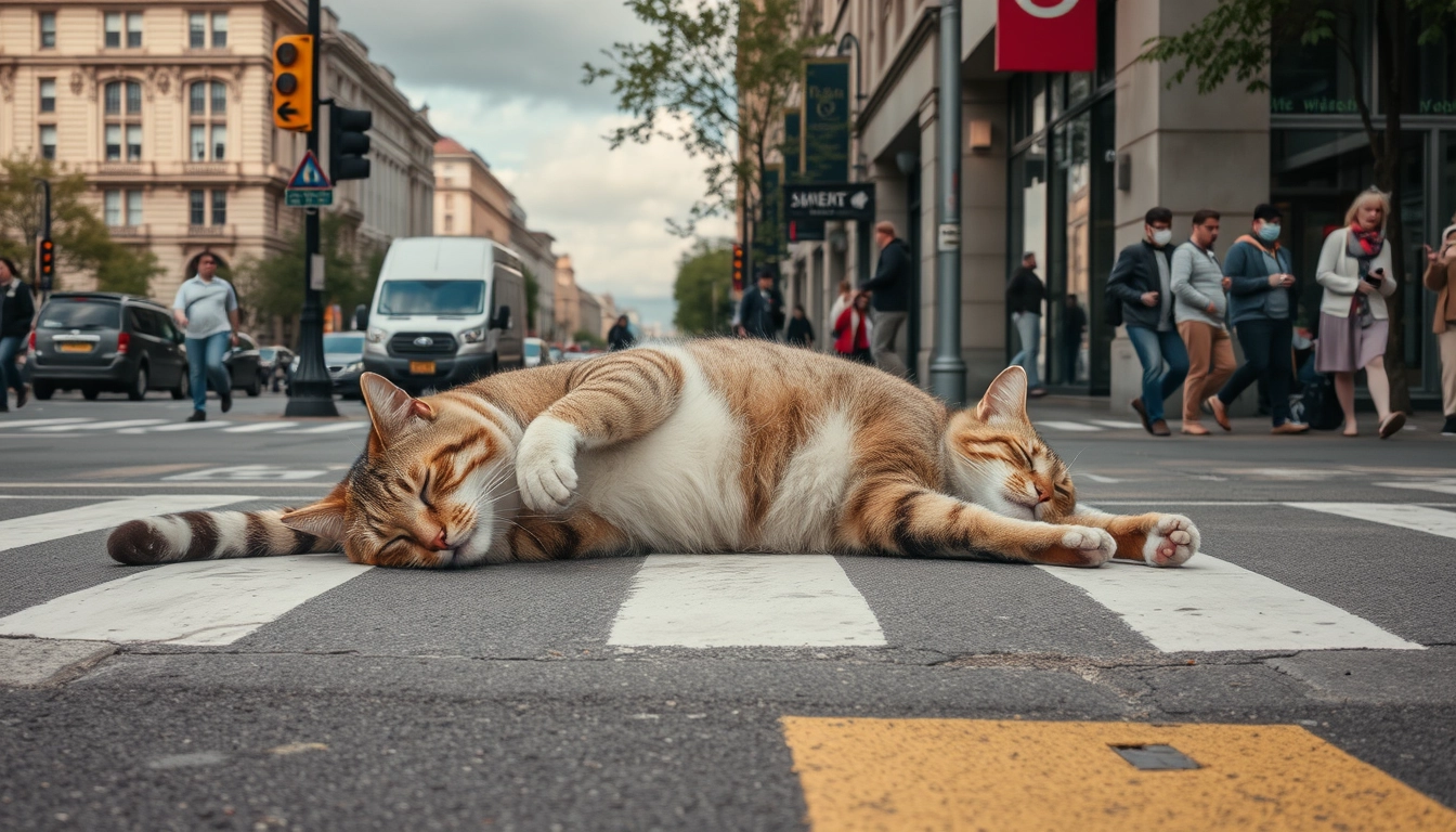 The giant cat sleeping on the crosswalk, people on the streets are acting normally.