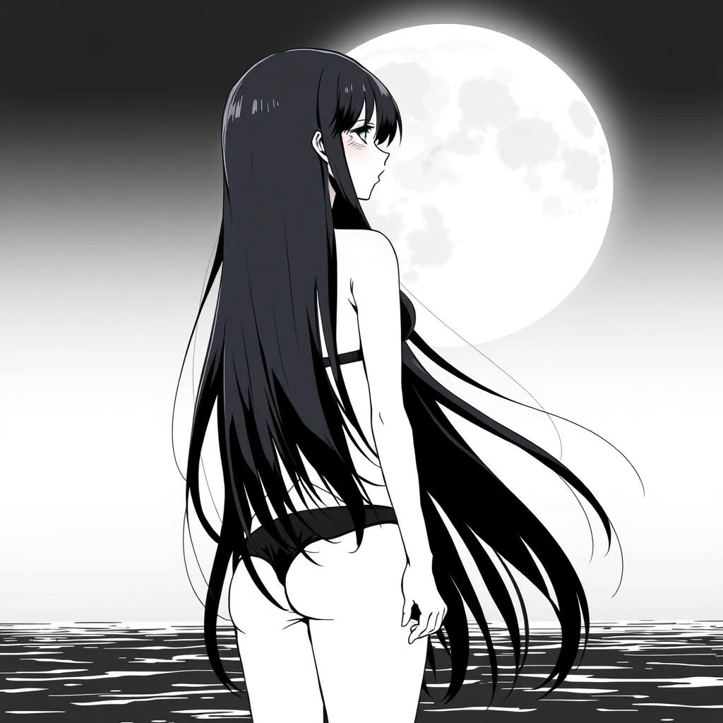 Girl with long, black hair in a black bikini. In the background, a black sky with a big, bright moon. Manga, grayscale. - Image