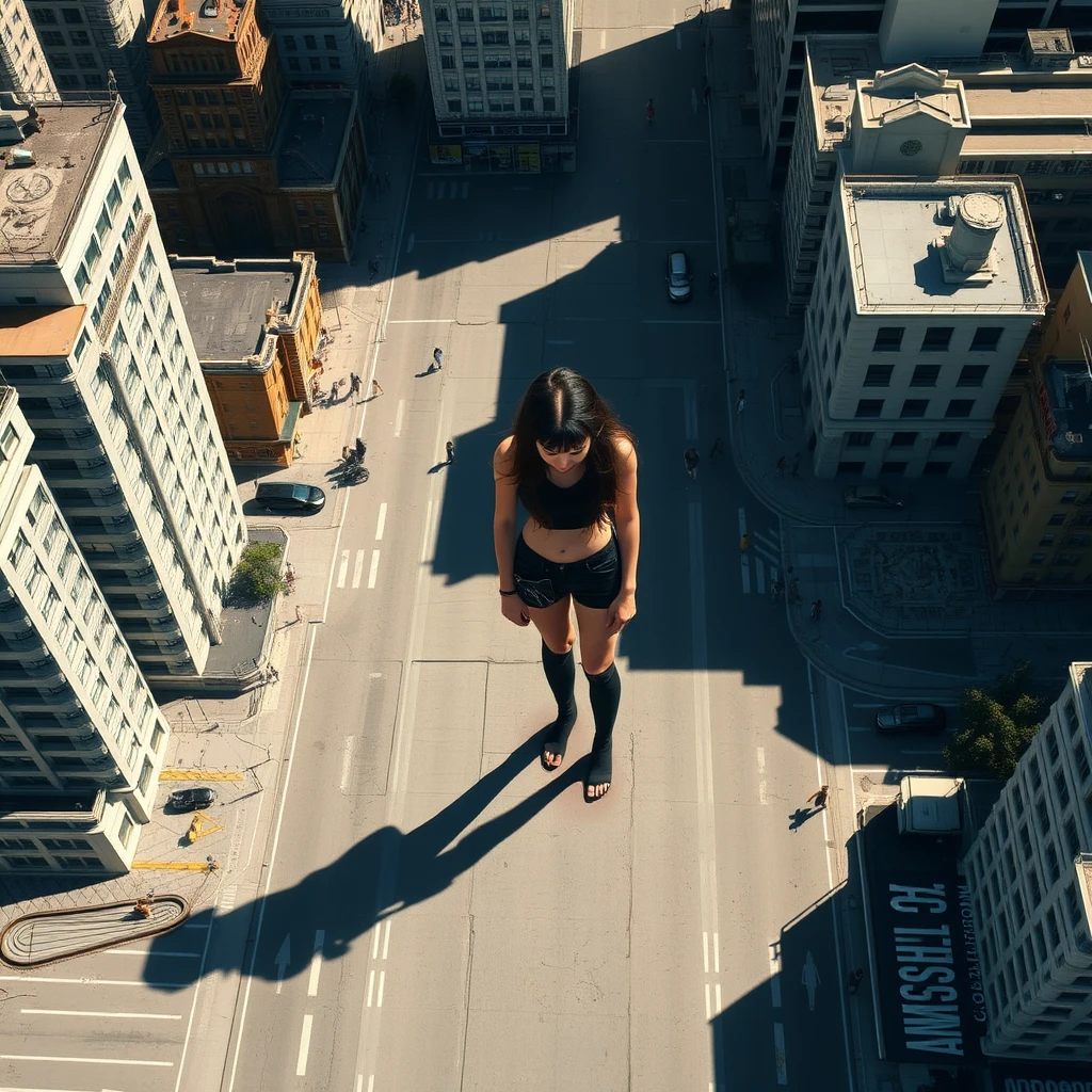 Aerial view, giant stunning goth teen girl standing barefoot in the city, realistic shadow.