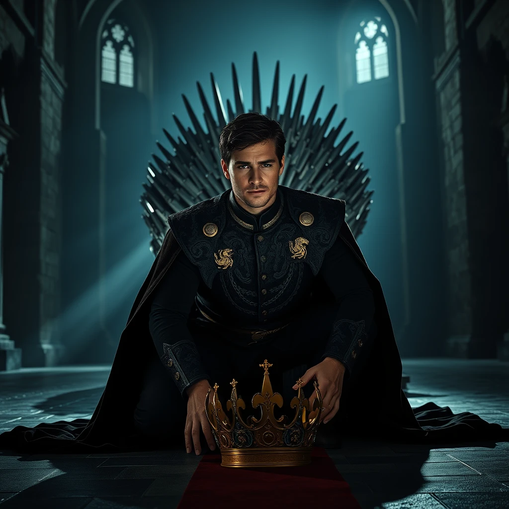 Setting: A grand, dimly lit throne room in a medieval European castle, with towering stone walls and arched windows. Focus on the intricate details of the Iron Throne – its jagged edges, the countless swords melted together, and the imposing presence it commands in the room.  
Lighting: Use dramatic chiaroscuro lighting. A single, strong light source illuminates the King from behind, casting a long, dramatic shadow across the floor towards the Iron Throne. The rest of the throne room should be shrouded in deep shadows, creating a sense of solemnity and mystery.  
Character: A handsome and muscular king, approximately 35 years old, with a chiseled jawline and a determined expression. He has short, dark, wavy hair and piercing blue eyes. He wears a heavy, richly embroidered velvet robe with gold accents and the symbol of his kingdom prominently displayed. The robe pools around him on the floor. His crown has been placed on the floor beside him.  
Pose: The King is positioned on all fours, his body bowed low in a posture of deep prayer and submission. His head is touching the cold stone floor, facing the Iron Throne. His hands are clenched tightly together. His back and shoulders are tense, conveying the weight of his respon.