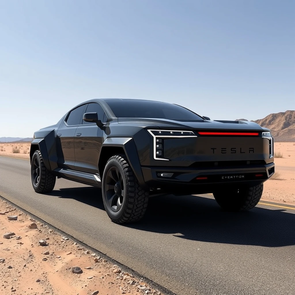 A photo of a Tesla Cybertruck parked on a desert road. High quality, realistic, cybertruck.