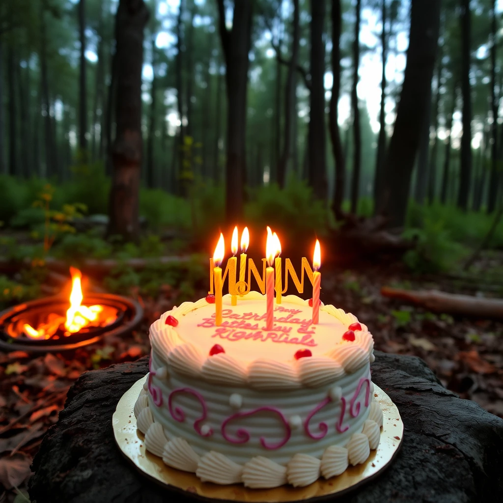 Birthday cake for Marilyn out in the forest.