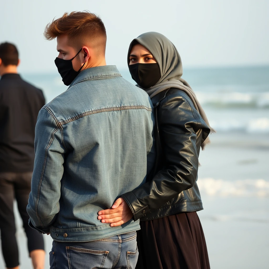 Jamie Dornan's head and body shot, handsome, black face mask, denim jacket, jeans, dating, love couple, hugging from behind, with the biggest grey hijab Muslim girl, black face mask, beautiful eyes, black leather jacket, largest skirt, at the beach, hyper realistic, street photography, selfie. - Image