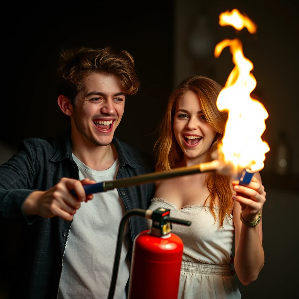 20-year-old smiling white Italian man torching 'green-eyed redhead girl' with fire extinguisher flamethrower, screaming. - Image