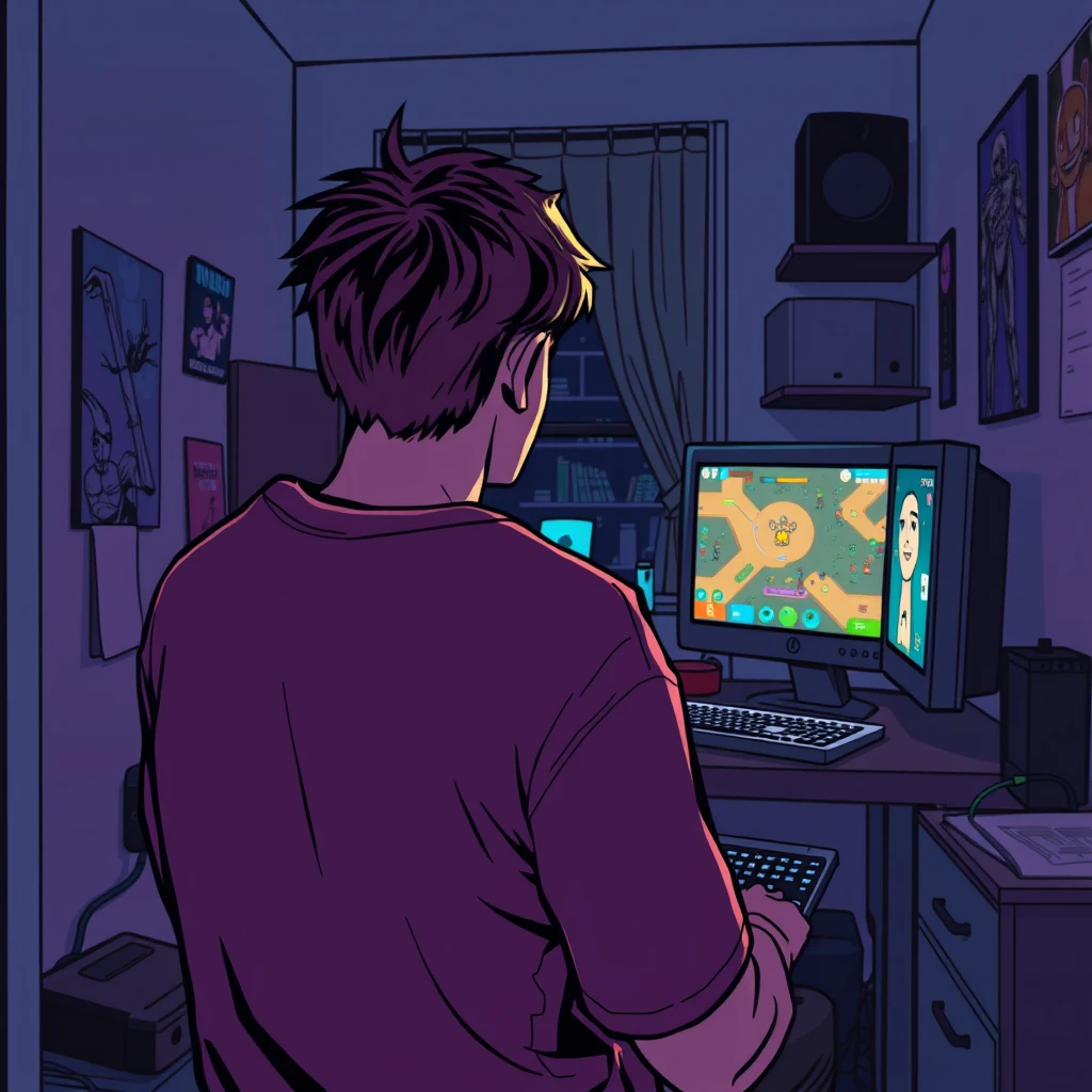 In a small room at night, a young man with his back to the camera is playing a game on the computer in a cyberpunk comic style.