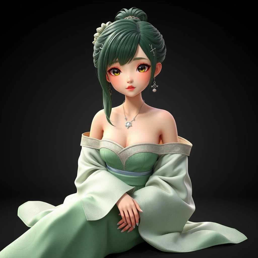 1 girl, female only, solo, (full body, :1.05) (curvy body, slim, slender body, petite body, :1.2), detailed face, realistic, 3D, (seductive face, seductive eyes:1.15) medium hair, flipped hair, green hair, hair ornament, earrings, East Asian, oriental, silver and green hanfu embroidered with exquisite patterns, sash, bare shoulders, off shoulder, wide sleeves, ultra exquisite white flat shoes embroidered with intricate pattern, sitting, - Image