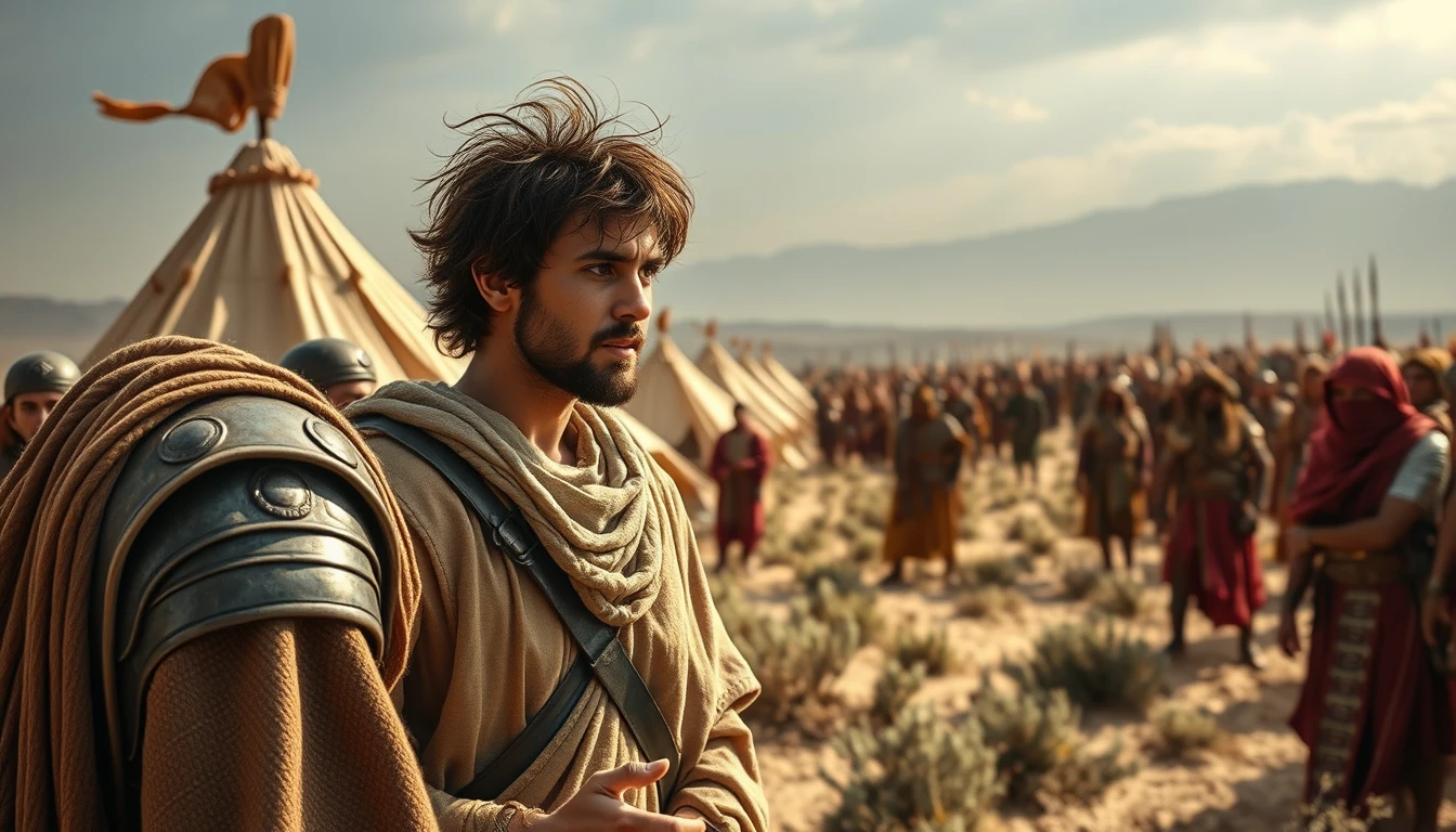 A young man with messy hair is lecturing a middle-aged Mesopotamian soldier king. The young man is dressed in ancient biblical shepherd's attire. Both men are surrounded by a diverse group of men in ancient Israelite Bronze Age soldier armor. In the background are Bedouin tents pitched on desert shrub land. In the distant horizon stands another army armed and ready to fight. Dramatic lighting. - Image