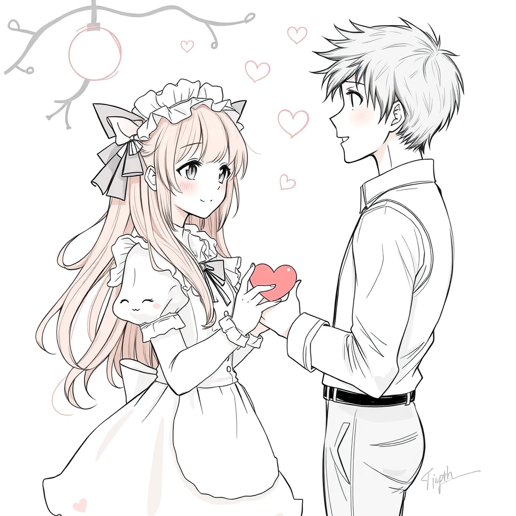 Beautiful girl dressed in Lolita costume and handsome boyfriend are dating, comic line draft.