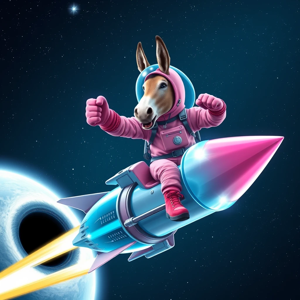 An ambitious donkey wearing pink astronaut costume, riding on a crystal light cyan stunning spaceship, making a punching gesture, flying to the outerspace under a clear night sky with lots of shining stars, passing by a huge black-hole. Realistic style.