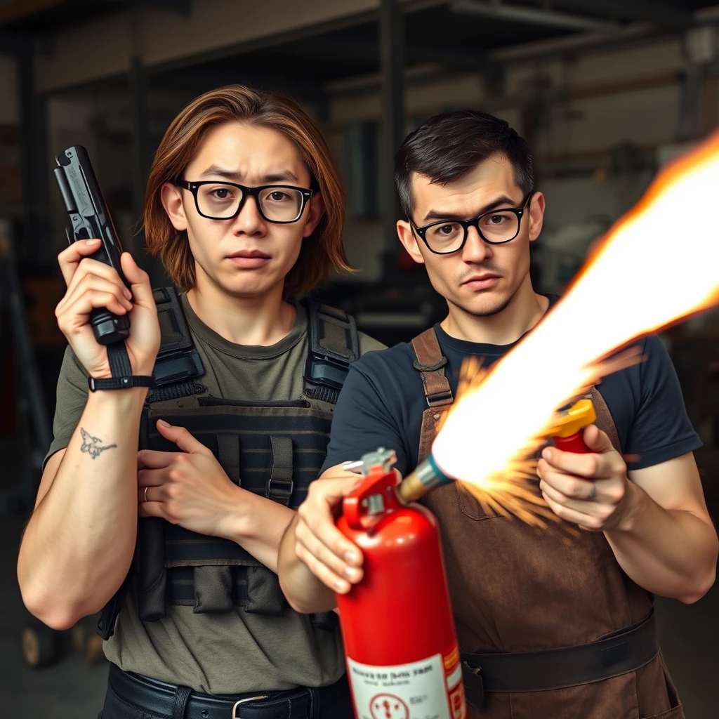 21-year-old white thin long-faced adult northern Chinese man with a square chin, wearing square glasses, holding a pistol, "medium/long length hair," tactical chest rig; 21-year-old Caucasian Italian man wearing round glasses and short hair holding a very large fire extinguisher flamethrower, welding apron; garage setting; both angry. - Image