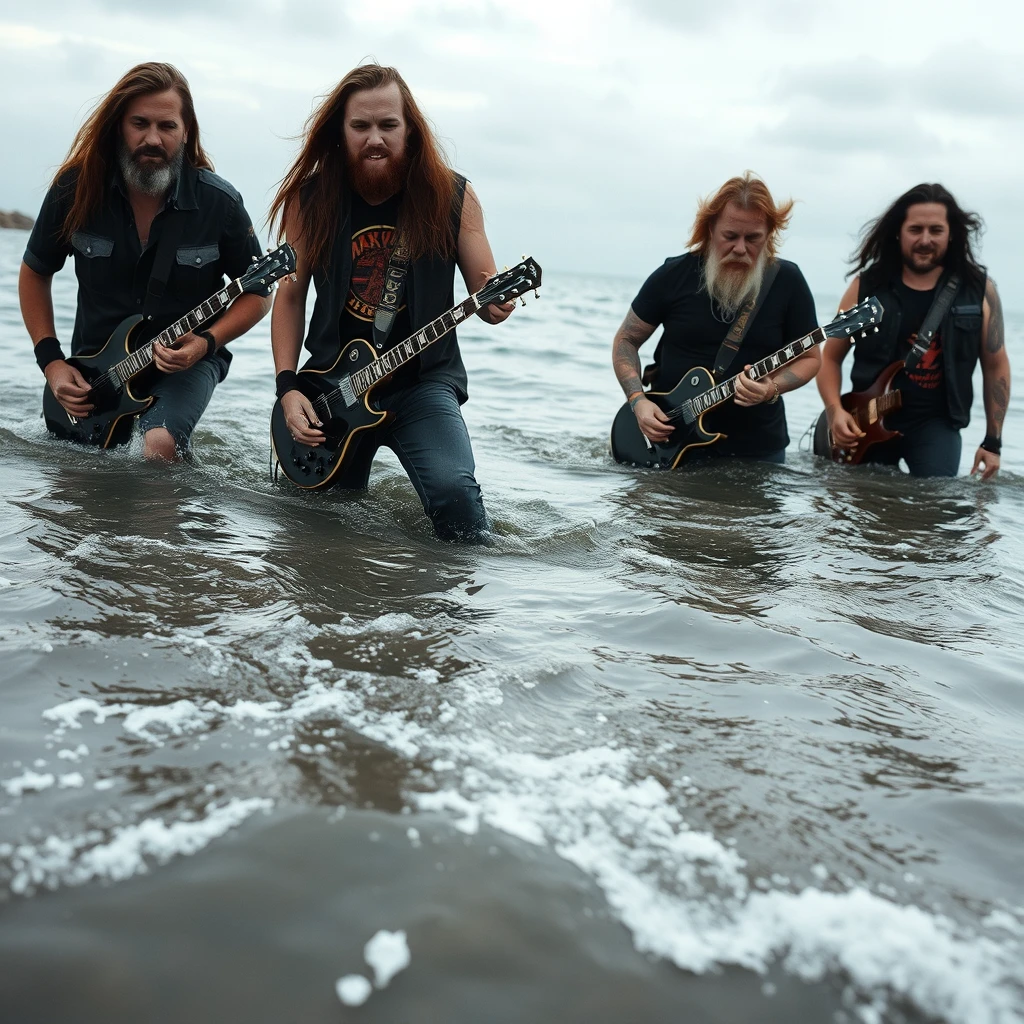 British heavy metal band knee deep in seawater.