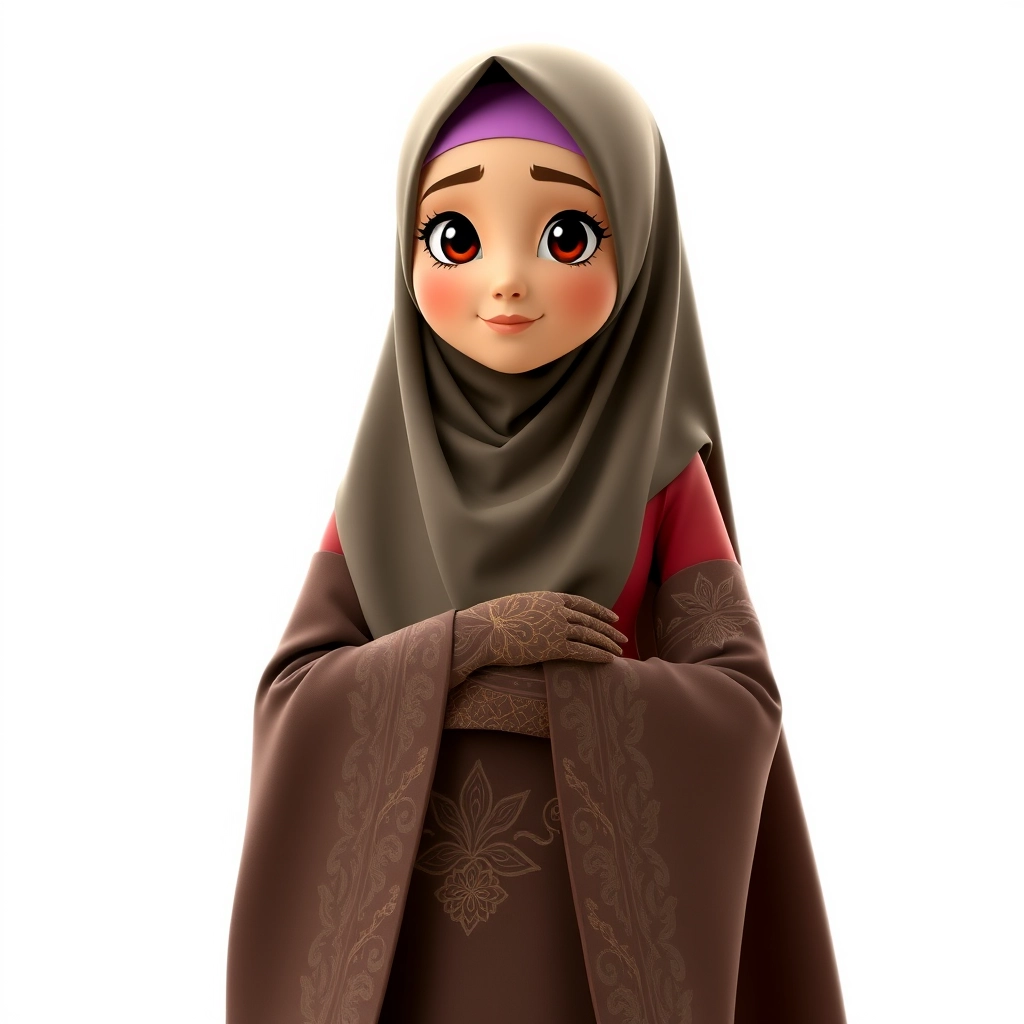 A 3D, 8k animated cartoon depiction of a Muslim woman from Palembang, wearing a traditional long songket and a long gown (gamis). She is adorned with a hijab that covers her chest and wears batik gloves covering her hands.