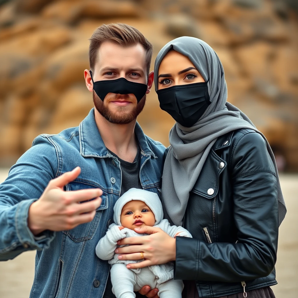 Jamie Dornan's head and body shot, handsome, black face mask, denim jacket, jeans, dating, love couple with the biggest grey hijab Muslim girl, beautiful eyes, black face mask, black leather jacket, biggest skirt, at the beach, holding a baby, hyper-realistic, street photography, selfie.