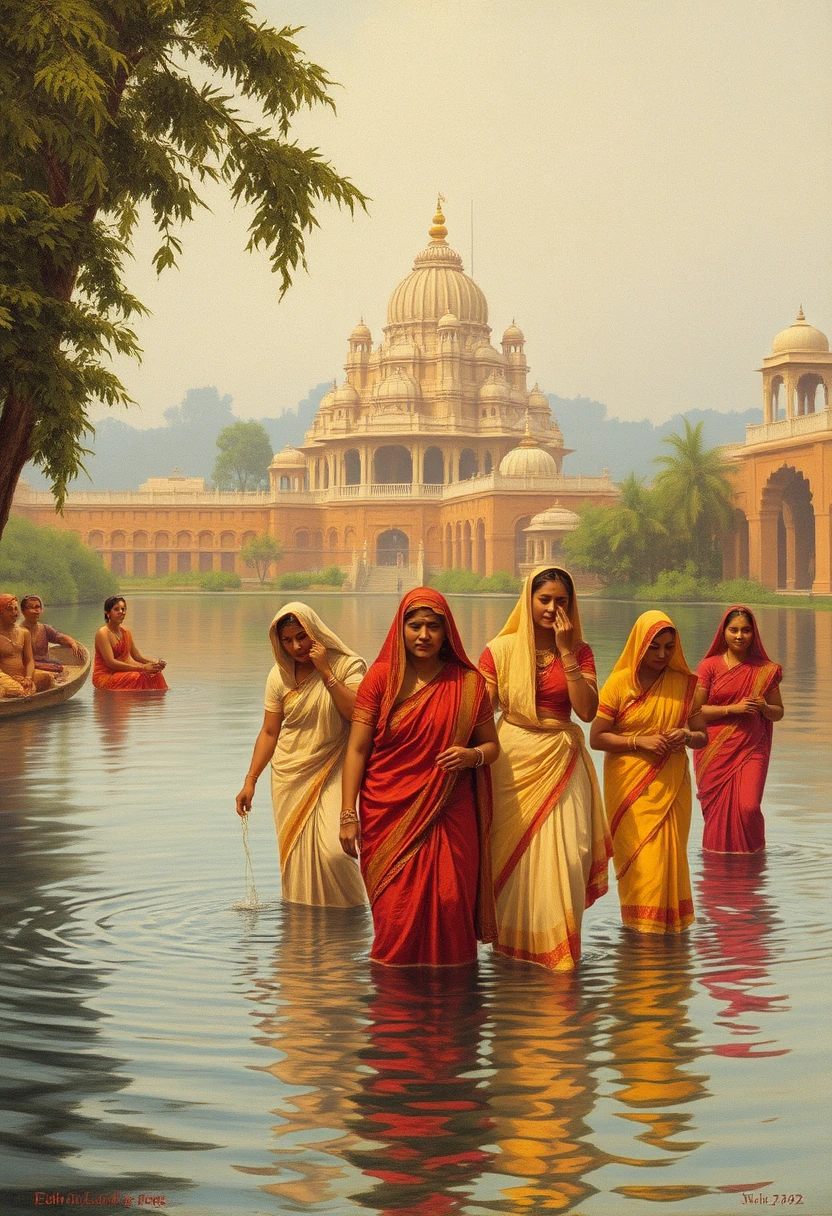 Group of Indian women bathing in a river with a temple in the background, Art by Edwin Lord Weeks.