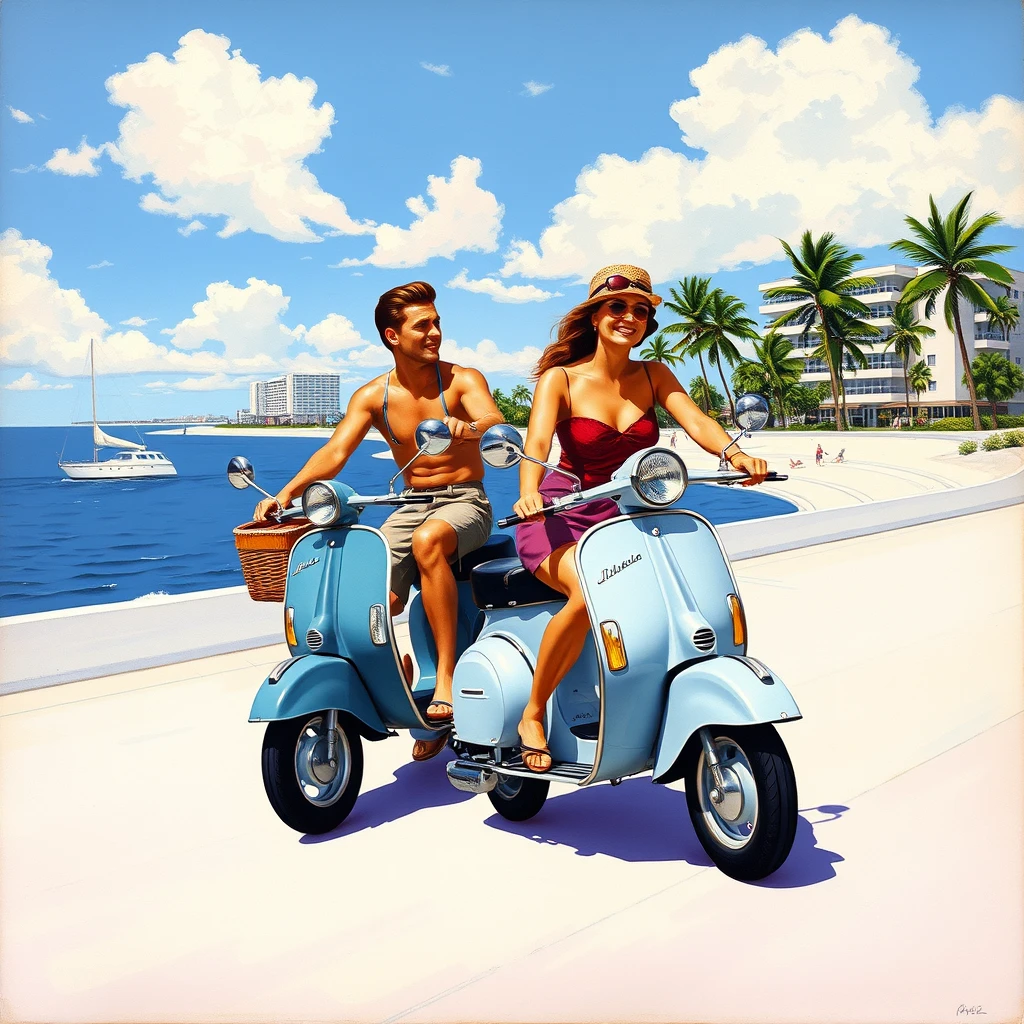 A Miami Beach postcard featuring a couple riding two scooters from 1956, as painted by Arthur Sarnoff, wide, landscape view.