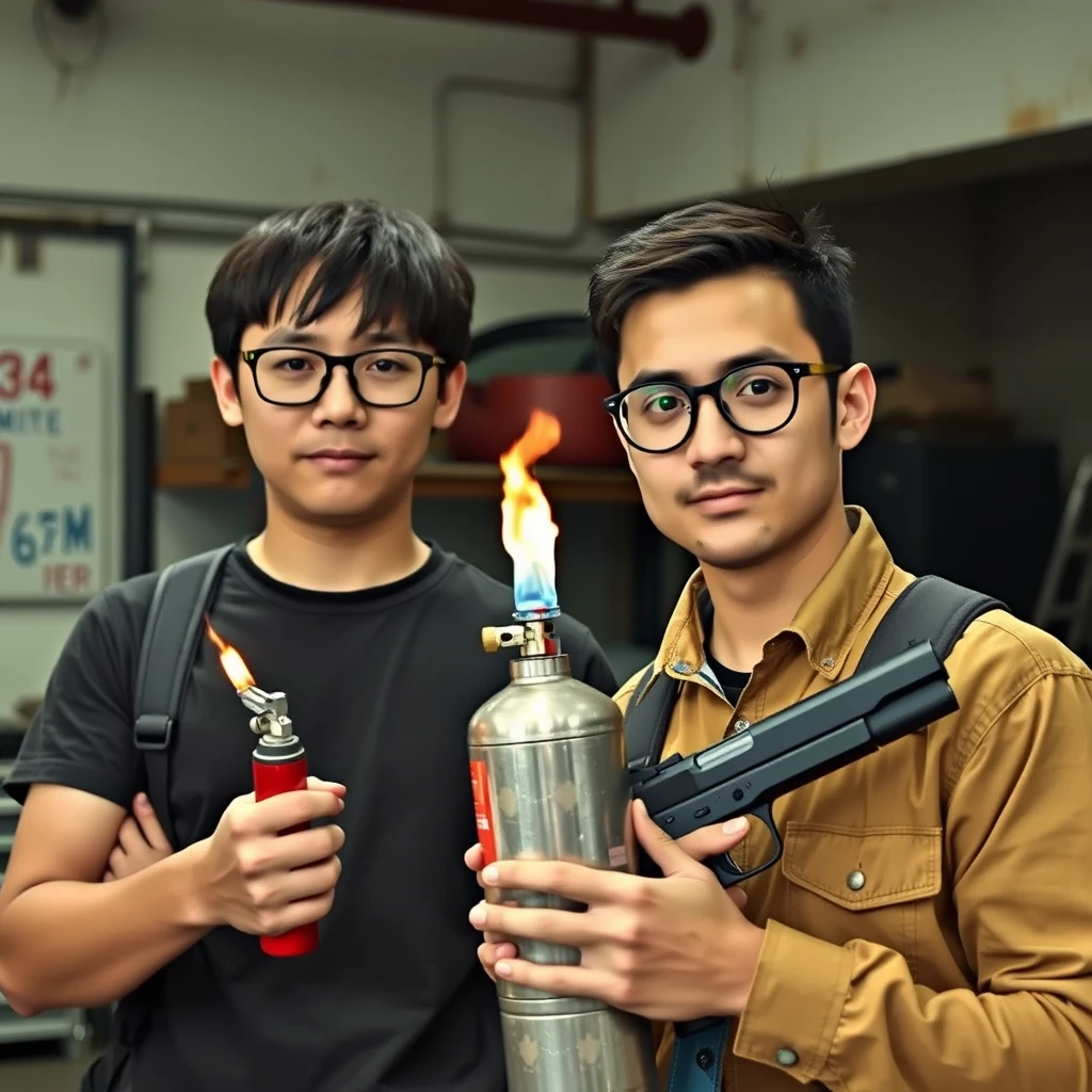 A 21-year-old Chinese man with square prescription glasses and mid-length hair, and a 20-year-old Italian man with round prescription glasses and short hair, are together in a setting resembling an old garage. The Italian man is holding a welding torch built into a fire extinguisher, while the Chinese man is holding a pistol. - Image