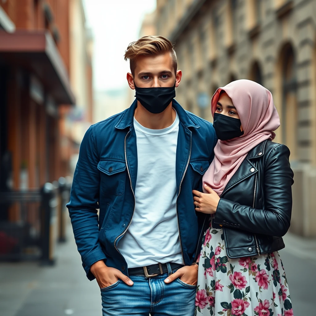 Jamie Dornan's face, hair and body shot, handsome, young, shaved, white T-shirt, blue jacket, jeans, dating love with biggest soft pink hijab, black leather jacket, face mask black, biggest floral skirt, hyper realistic, street photography.