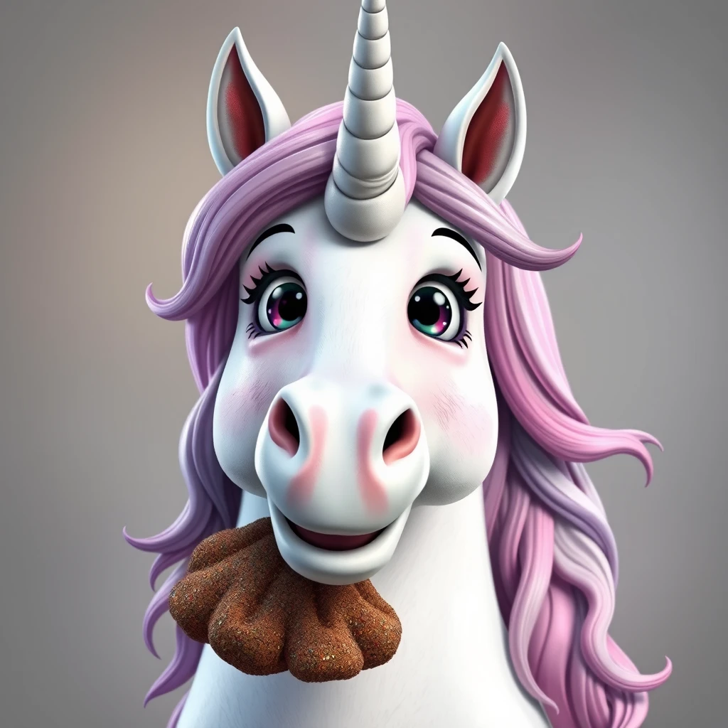 happy unicorn with a poop instead of a horn, smiling, goofy, photorealistic