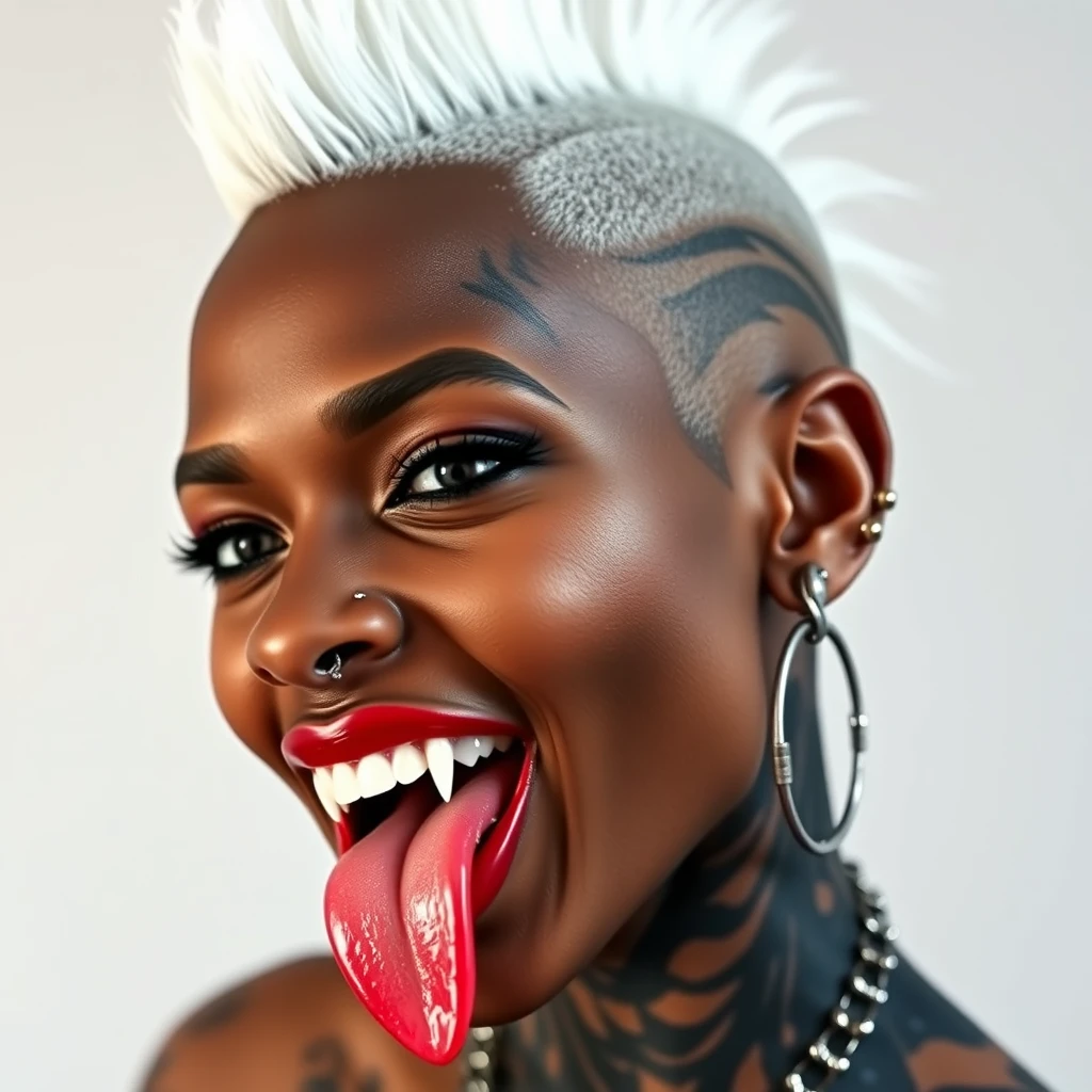 beautiful black woman, fangs, nose piercing, split tongue, side shave, shaved head, white mohawk, nose rings, multiple earrings, extreme piercings, extreme tattoos, head tattoo - Image