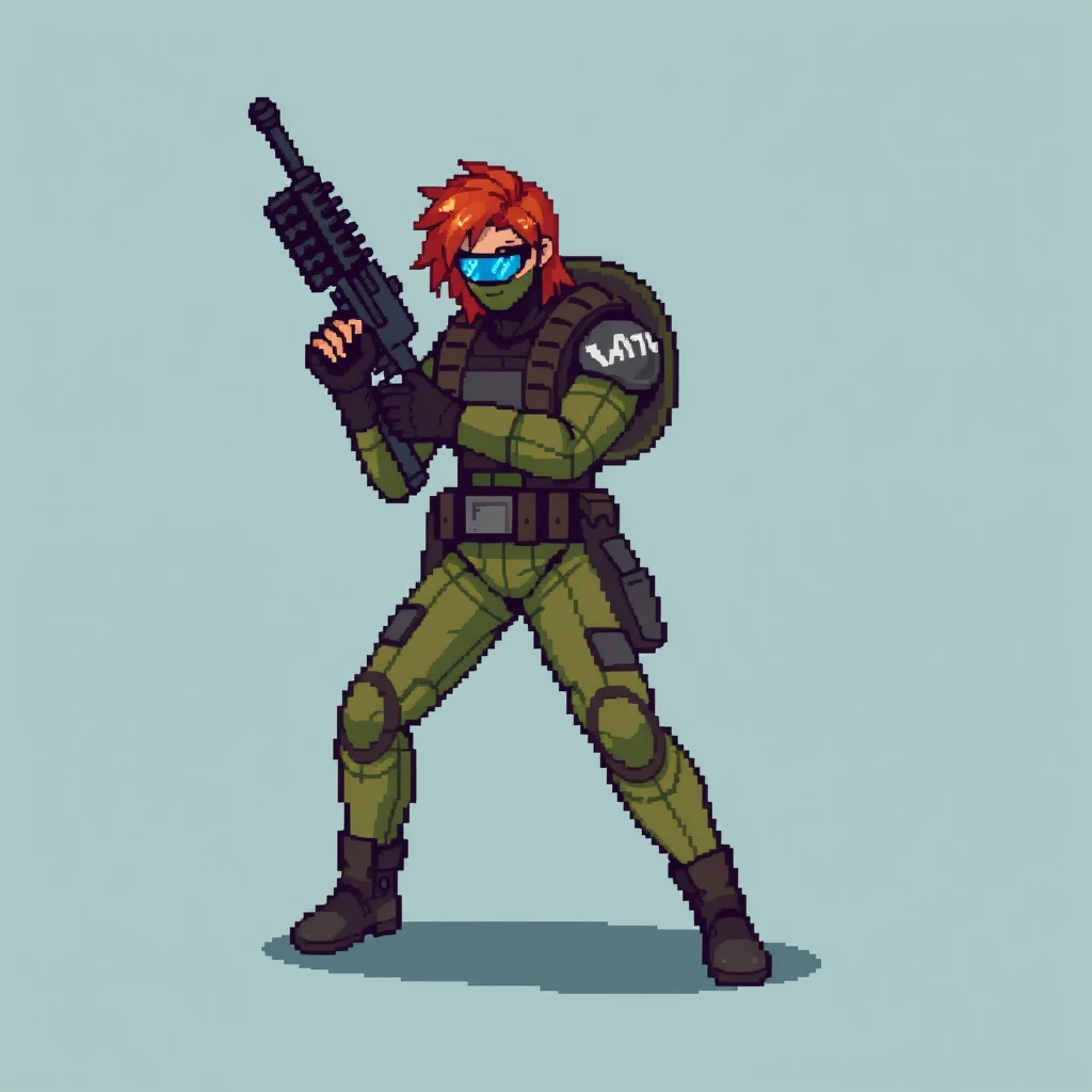 I love pixel art, draw me an action hero-like character with a machine gun in hand.