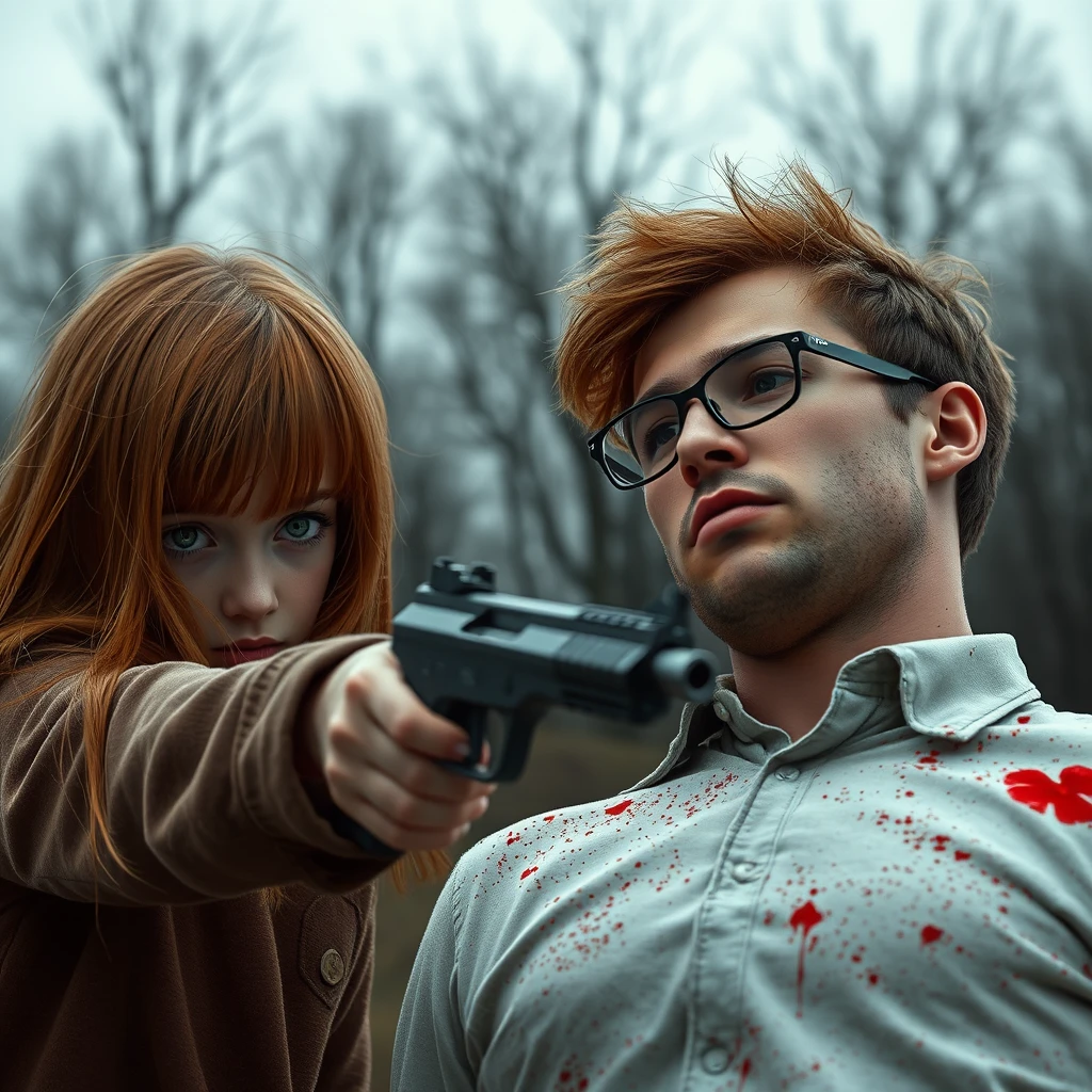 A death scene; a short, skinny teenage girl with long ginger hair and bangs, green eyes, shooting and killing a dead young, skinny, tall Italian white man who is wearing glasses. - Image