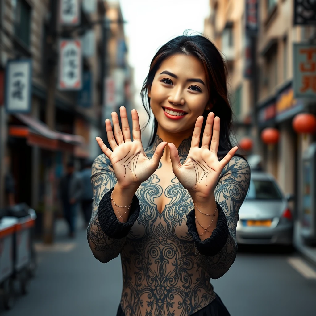 Asian woman holding hands out in the middle of the street, perfect figure, intricate detailed body, perfect face, perfect eyes, perfect teeth, perfect body, fit, epic, high-detail. - Image