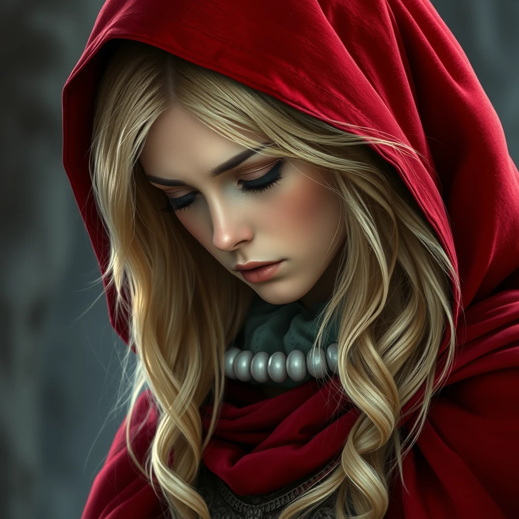 Photorealistic: Blonde fantasy heroine with a red cloak lowers her head sadly.