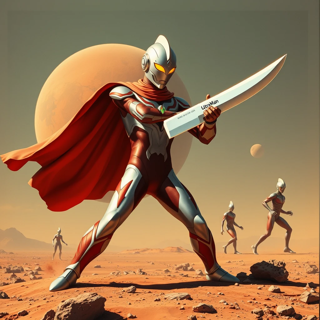 Ultraman,fighting aliens with big knife on 
Mars