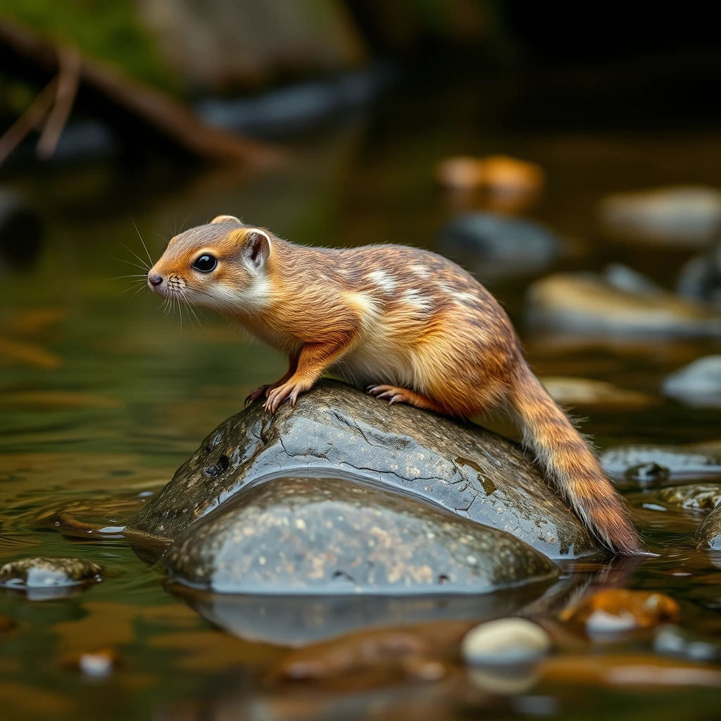 Photorealistic: Weasel on a pebble in the brook. - Image