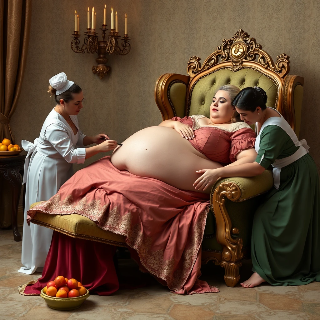 The obese and beautiful queen lies on a luxurious and exquisite reclining chair, while the maids either massage her big belly, feed her fruit, groom her nails, or massage her feet.