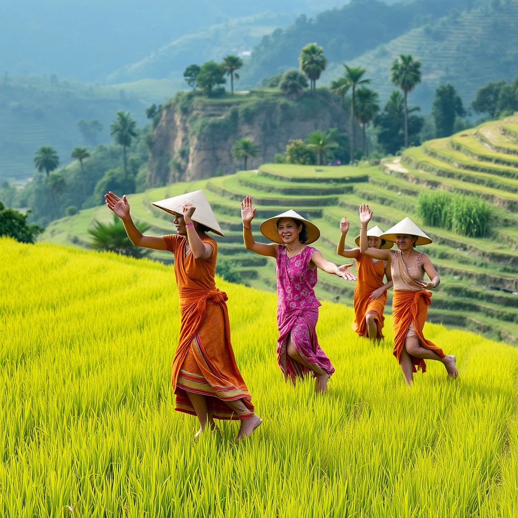 Thai rice farmers line dancing in a terraced field.