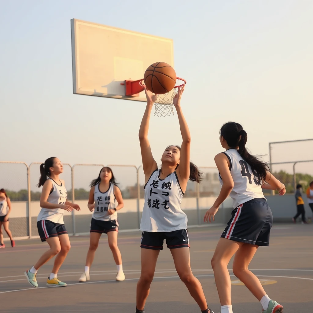 "During the day, several women are playing basketball, with Chinese characters, Japanese, or Korean."