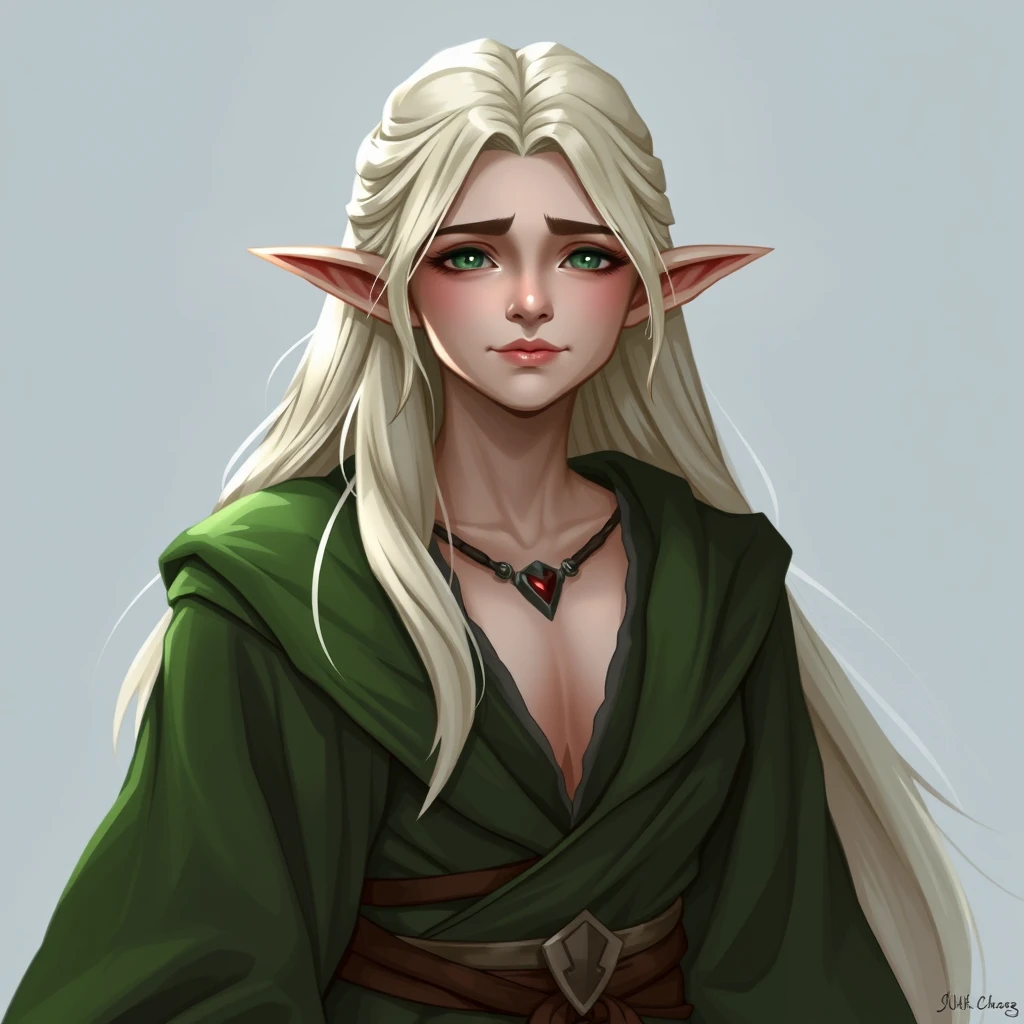 Full body. A female elf, she is turning into a werewolf. Platinum blonde hair. Happy but tired expression on her face. Wearing long green robes. Tall and regal. - Image