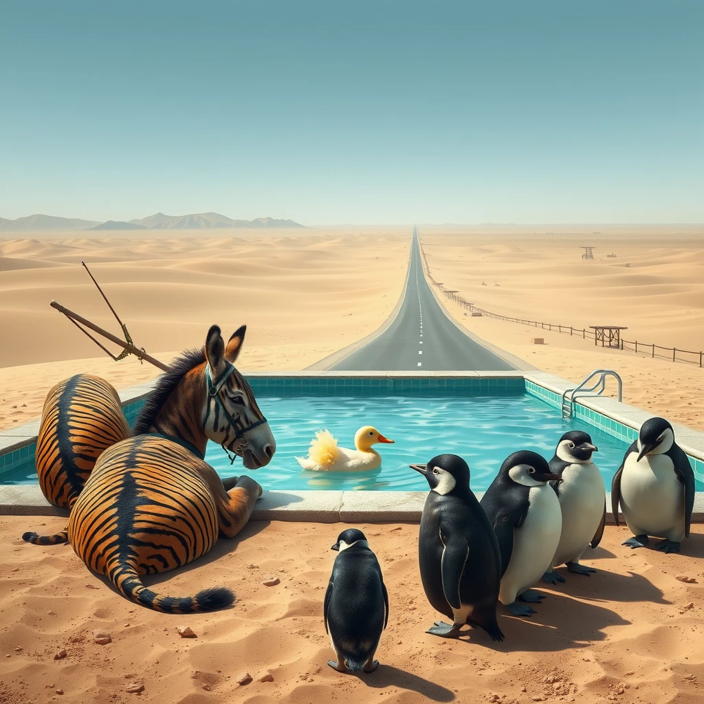 In an endless desert, a donkey and a duck are very cozy lying in a clear swimming pool, while two tigers with halberds guard them. Not far from the swimming pool, there is an endless road, where a few penguins are heavily burdened. The duck and donkey are mocking the penguins. - Image