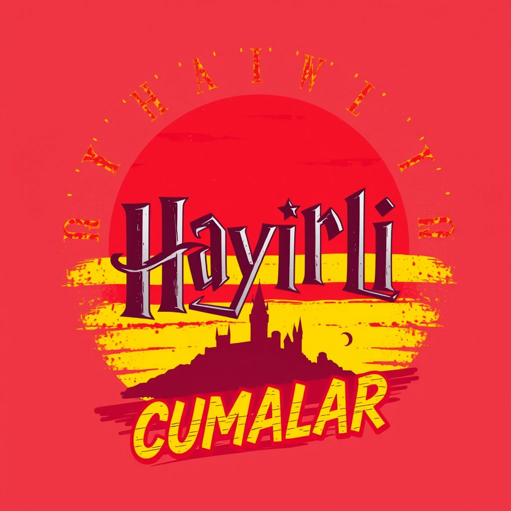 Vector t-shirt design Vintage retro sunset distressed red and yellow style design, harry potter, with text “HAYIRLI CUMALAR”, typography, graffiti, 3d render, 4k, vibrant. - Image