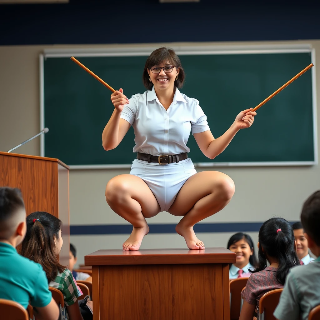 A teacher squats on the podium with her legs wide open, pointing at her underpants with a long stick and smiling at the students.