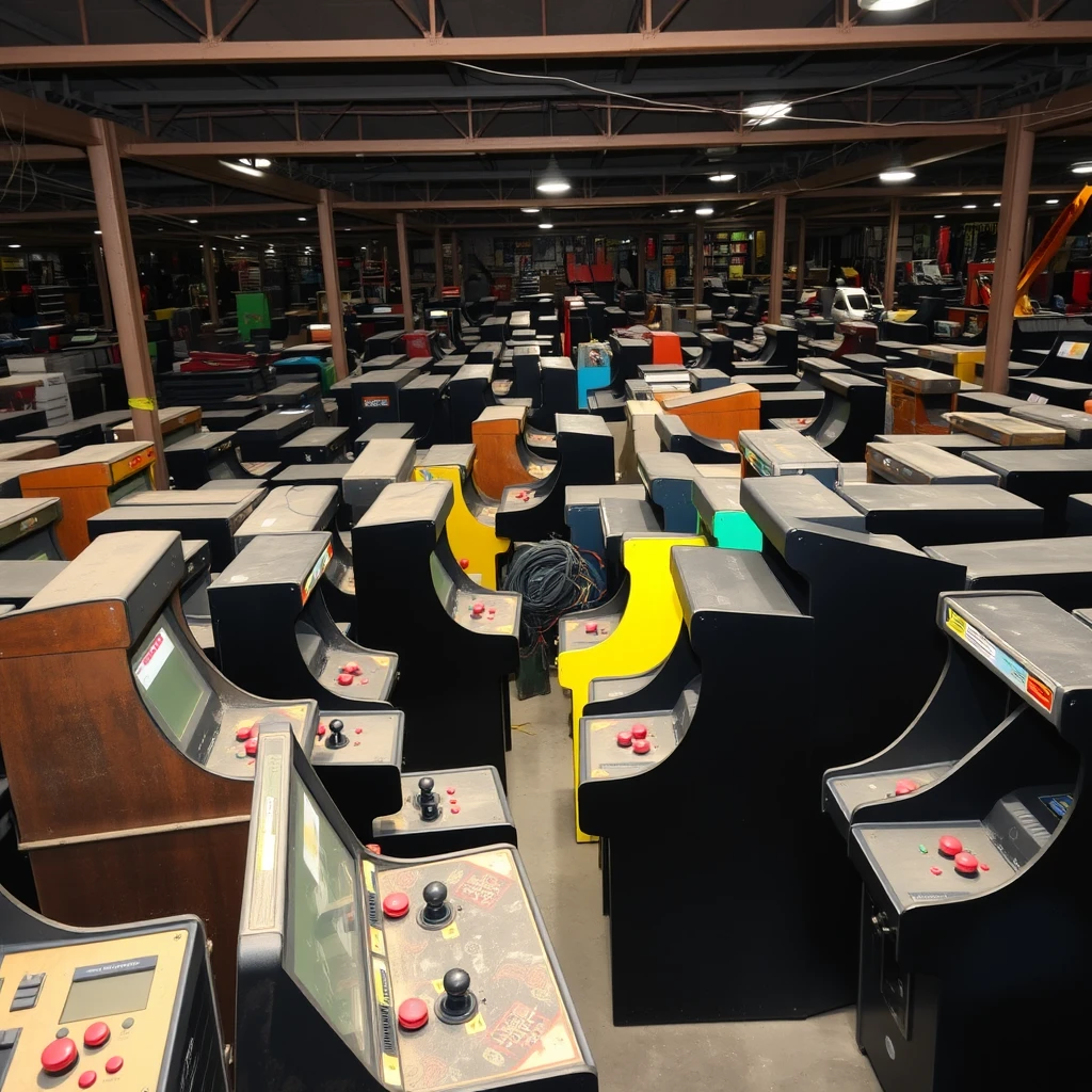 Photograph of an old warehouse with rows and rows of old arcade machines. The machines are packed in. All standup style machines and colors of machines. Some taken apart with wires. Dust on the machines. many of the machines are black, but some are other colors. They have control panels with joysticks and buttons. The photo is taken from above, at an angle, looking down.