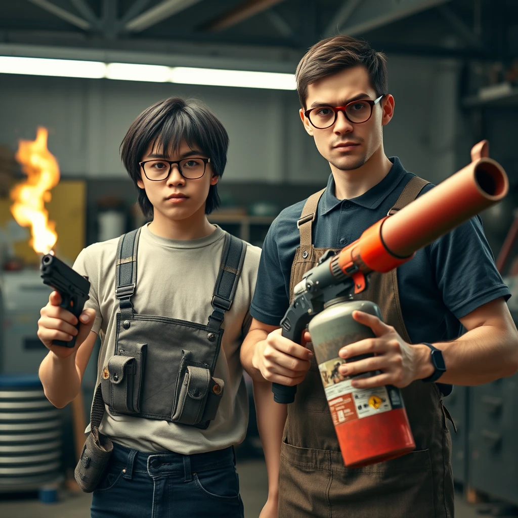 21-year-old white thin long-faced young adult northern Chinese man with a square chin, wearing square glasses, holding a pistol, "medium/long length hair," "chicom chest rig"; 21-year-old Caucasian Italian man wearing round glasses and short hair holding a very large fire extinguisher flamethrower, welding apron; garage setting; both angry. - Image