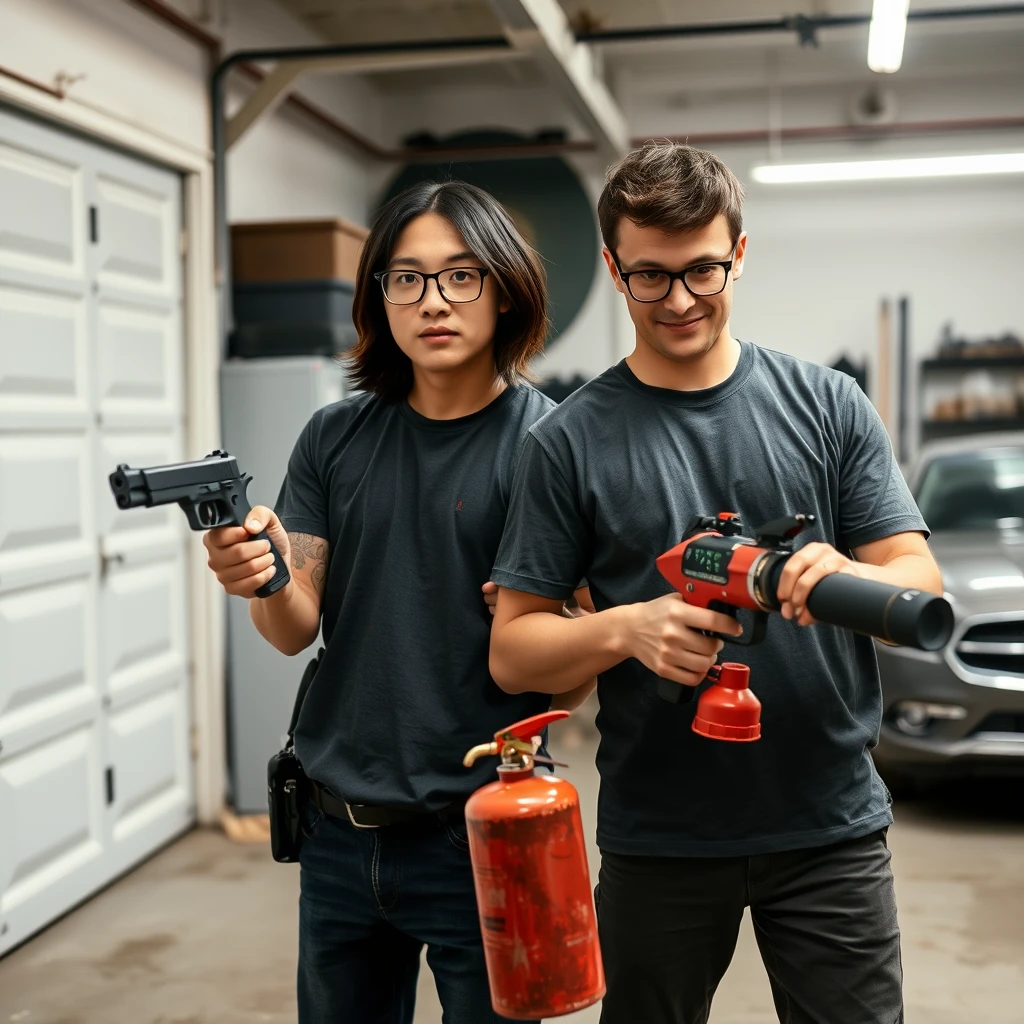 21-year-old white Chinese man wearing square glasses, mid/long hair, holding a pistol; 21-year-old white Italian man wearing round glasses and short hair holding a very large fire extinguisher flamethrower, garage setting.