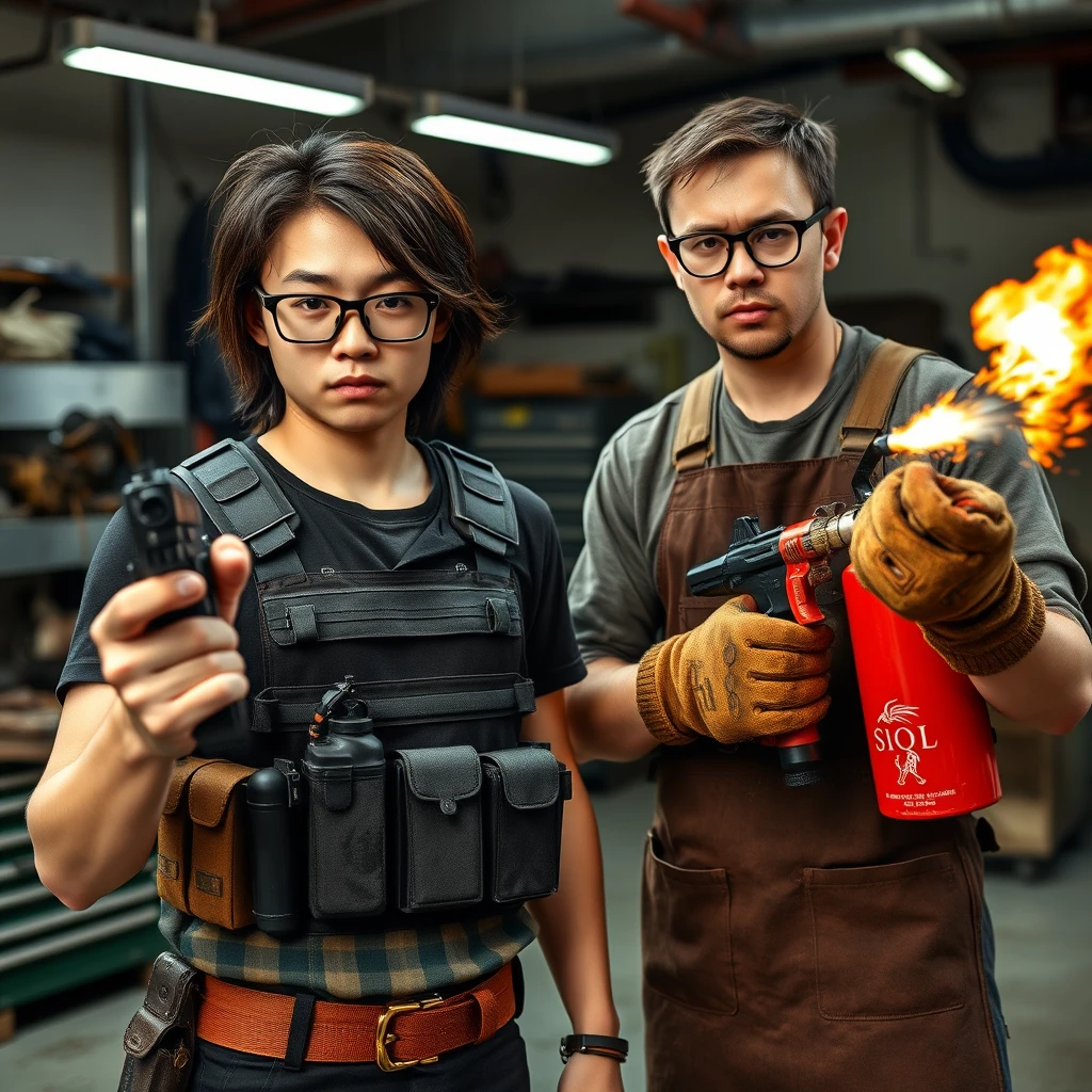 21-year-old white thin long-faced young adult northern Chinese man with a square chin, wearing square glasses, holding a pistol, with medium/long length hair, tactical chest rig; 21-year-old Caucasian Italian man wearing round glasses and short hair, holding a very large fire extinguisher flamethrower, welding apron, and welding gloves; garage setting; both angry.