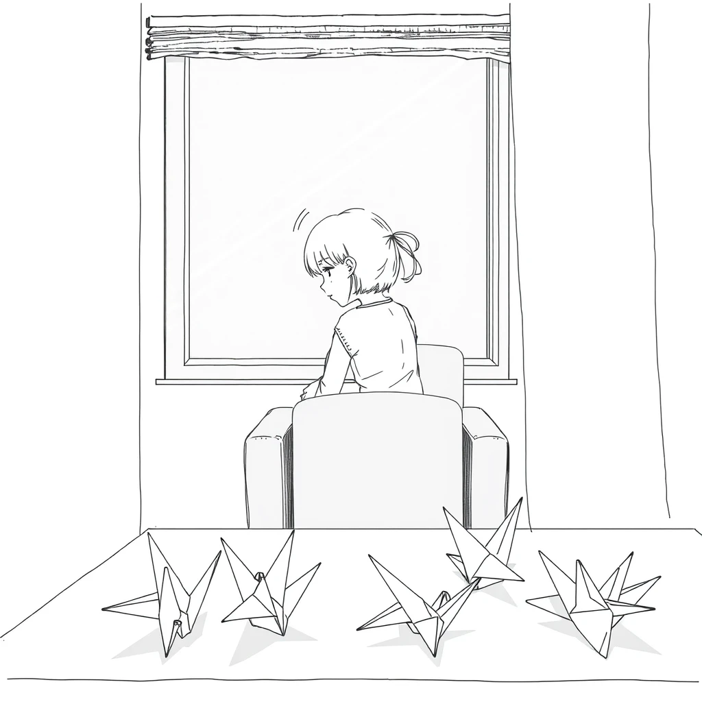 A girl sits on the chair, sadly looking out of the window; there are origami cranes on the table, pure line art.