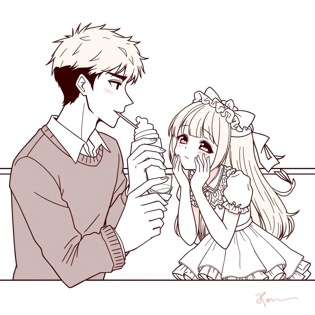 The boy was sitting and gently feeding his girlfriend a cup of ice cream, and the girl was wearing a lolita dress and looked happy, holding her cheeks in her hands on the table. The boy is tall and handsome. Anime line art.