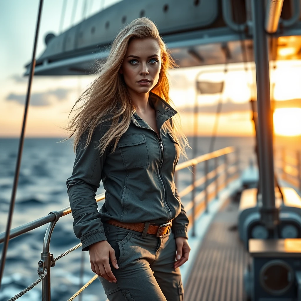 Hyper-realistic full body photograph of Ella standing on the deck of a yacht. Ella is a beautiful woman with long blonde hair flowing in a gentle sea breeze, and striking blue eyes filled with determination. She's wearing practical, slightly worn sailing attire suitable for a challenging journey - perhaps a fitted waterproof jacket, sturdy pants, and durable boots. Her posture exudes confidence and readiness, with one hand resting on the yacht's railing and the other holding a high-tech navigation device. The background shows a futuristic yet weathered yacht, with the vast ocean and a sunset sky visible behind her. Ella's expression is focused and resolute, reflecting her role as a leader. Style: hyper-photorealism, cinematic quality, dramatic lighting from the setting sun, high-detail textures on clothing and skin, depth of field emphasizing Ella while keeping the background slightly soft. Shot on Sony FX6 with settings: f/2.8 aperture for a balance between subject focus and environmental context. 8K resolution, ultra-detailed, utilizing the rich color science and dynamic range of the Sony FX6. No animated image, no anime style, no distortion. Purely photorealistic representation. - Image